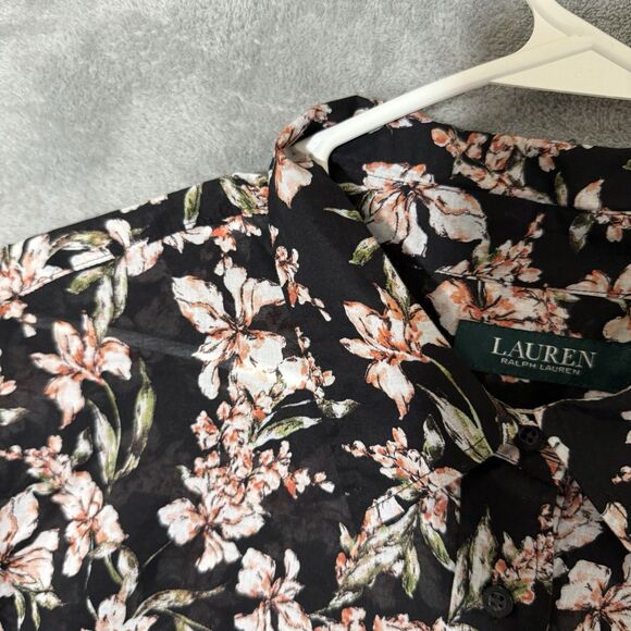 Lauren Ralph Lauren Top Plus 2X Semi Sheer  Sleeves Dark Floral Collared Bloom - Picture 9 of 10